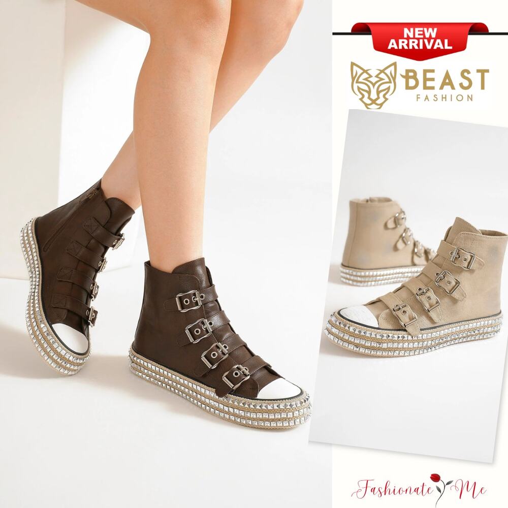 Beast Fashion Multi Buckle Straps Studded Platform Espadrille Sneakers | Brown